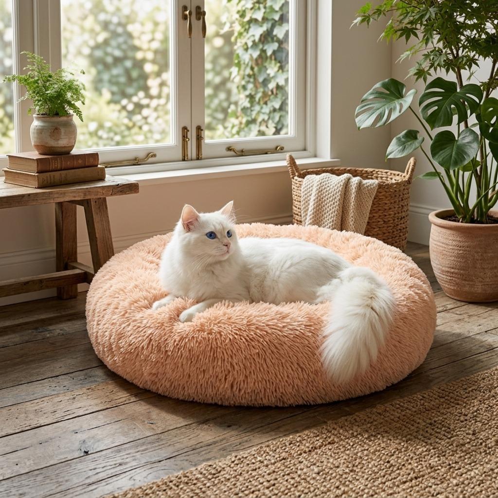 Original Calming Donut Cat Bed - Self-Warming & Washable Soft Plush, 50 cm (20 pouces)