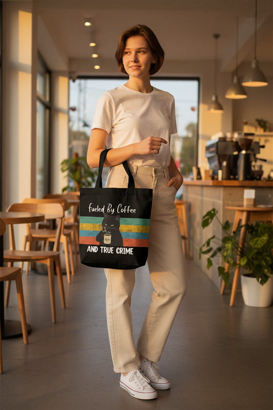 Funny Black Cat "Fueled By Coffee" Canvas Tote Bag