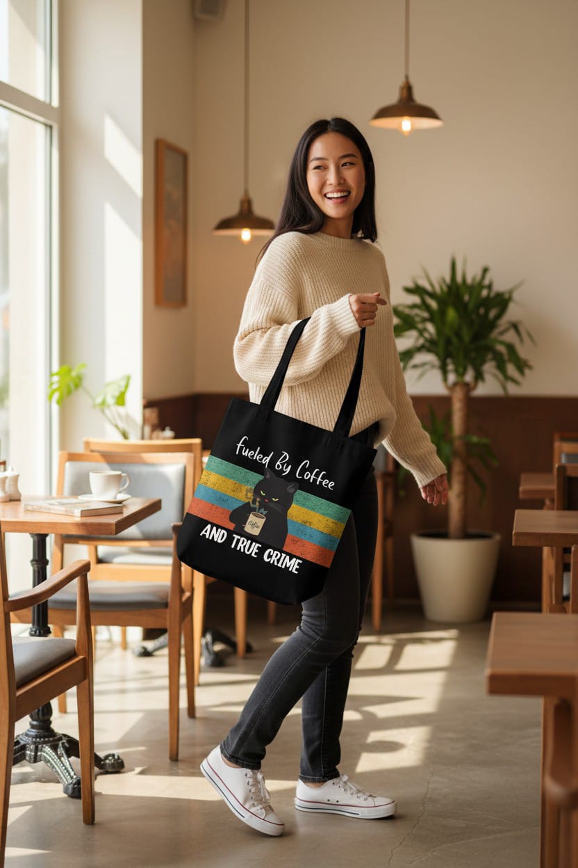Funny Black Cat "Fueled By Coffee" Canvas Tote Bag