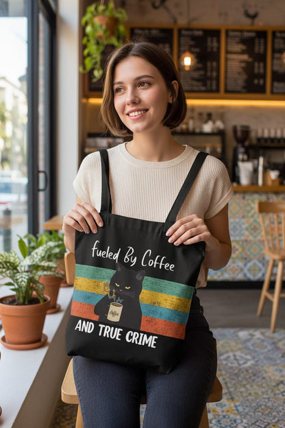 Funny Black Cat "Fueled By Coffee" Canvas Tote Bag